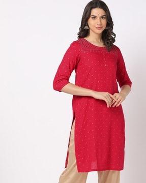 straight kurta with embroidered yoke