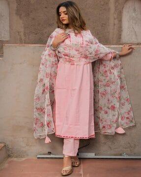 straight kurta with pants & floral print dupatta