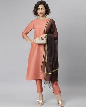 straight kurta with pants & zari border dupatta