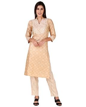 straight kurta with pants set with woven motifs