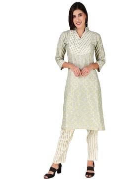 straight kurta with pants set with woven motifs