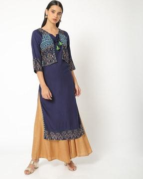 straight kurta with printed layered jacket