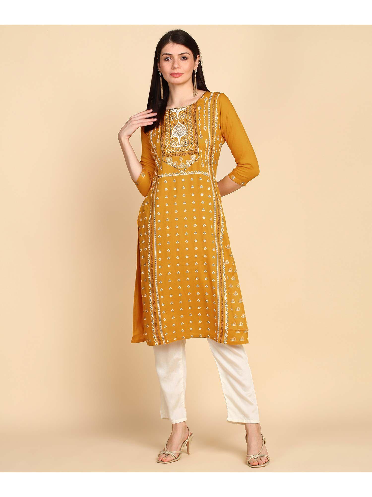 straight mustard printed kurta