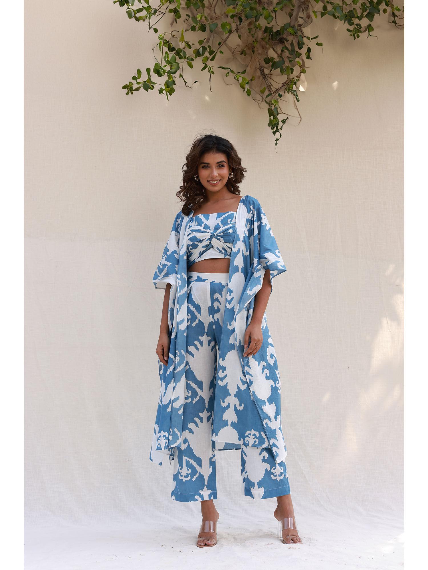 straight pants with knotted crop top & cape co-ord (set of 3)