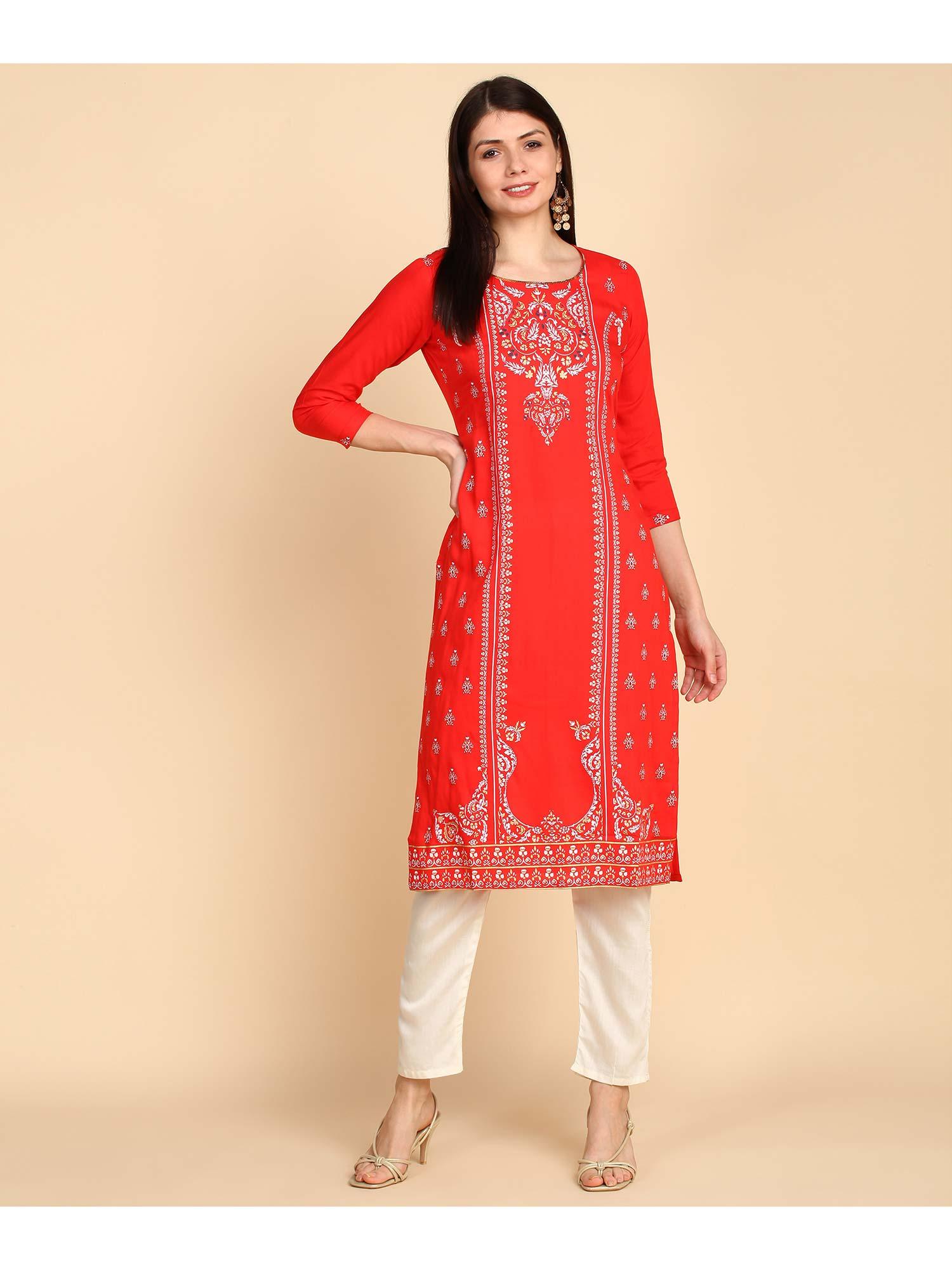 straight red printed kurta