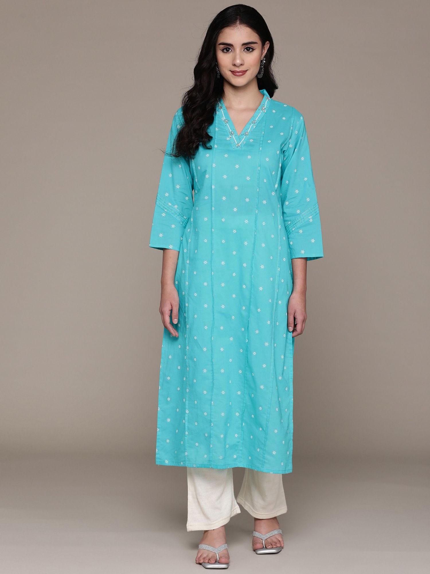 straight style cotton fabric blue color kurta