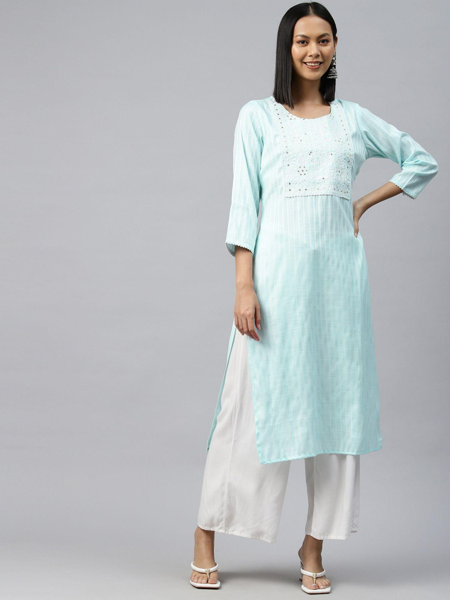 straight style cotton fabric blue color kurta