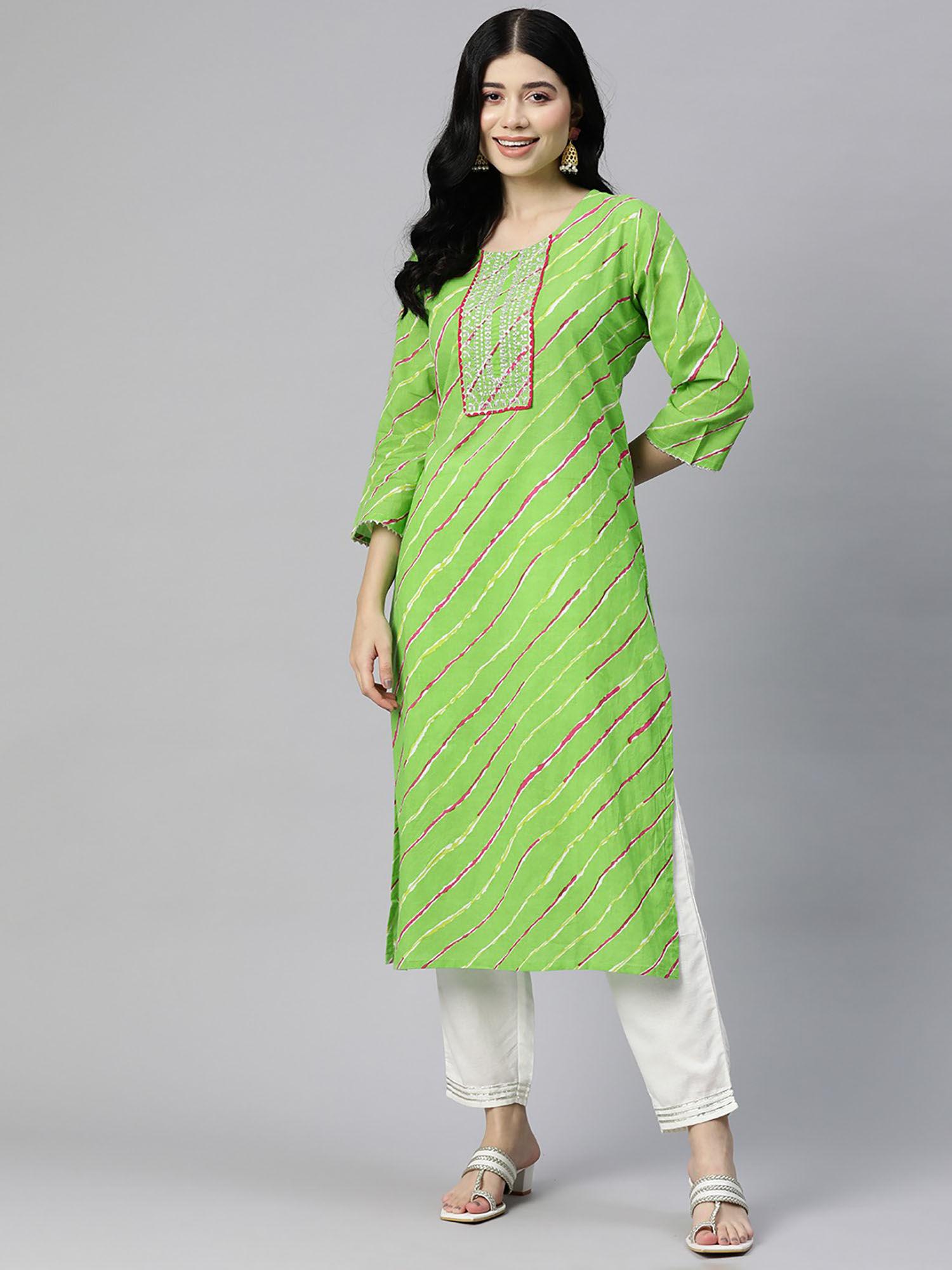 straight style cotton fabric green color kurta