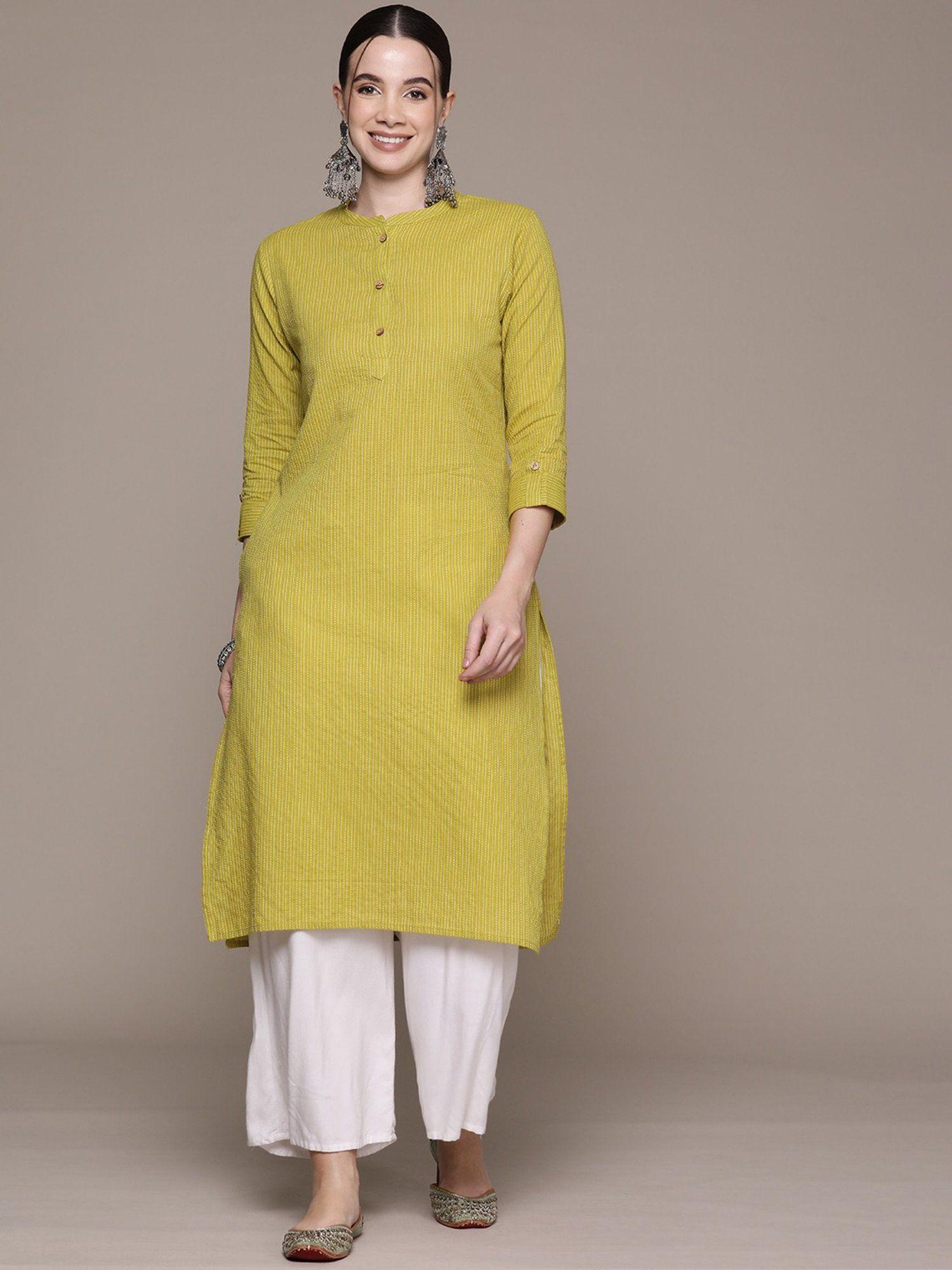 straight style cotton fabric green color kurta