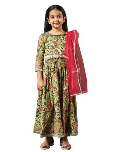 straight style cotton fabric green color printed lehenga choli with dupatta-(5-6y)