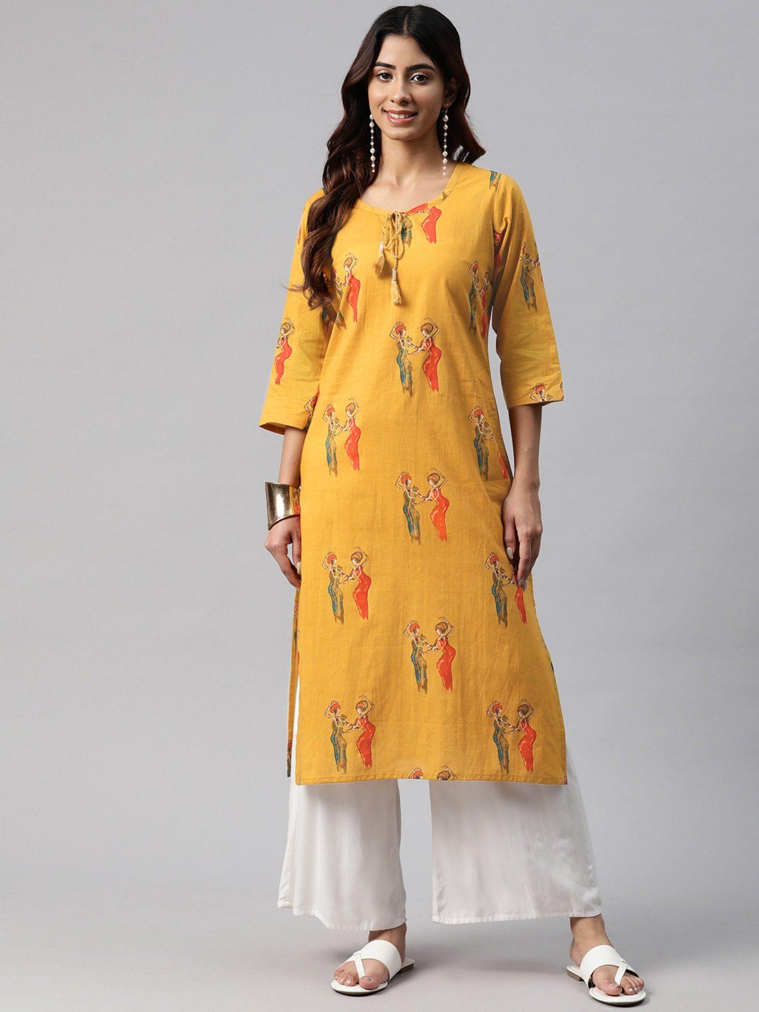 straight style cotton fabric mustard color kurta