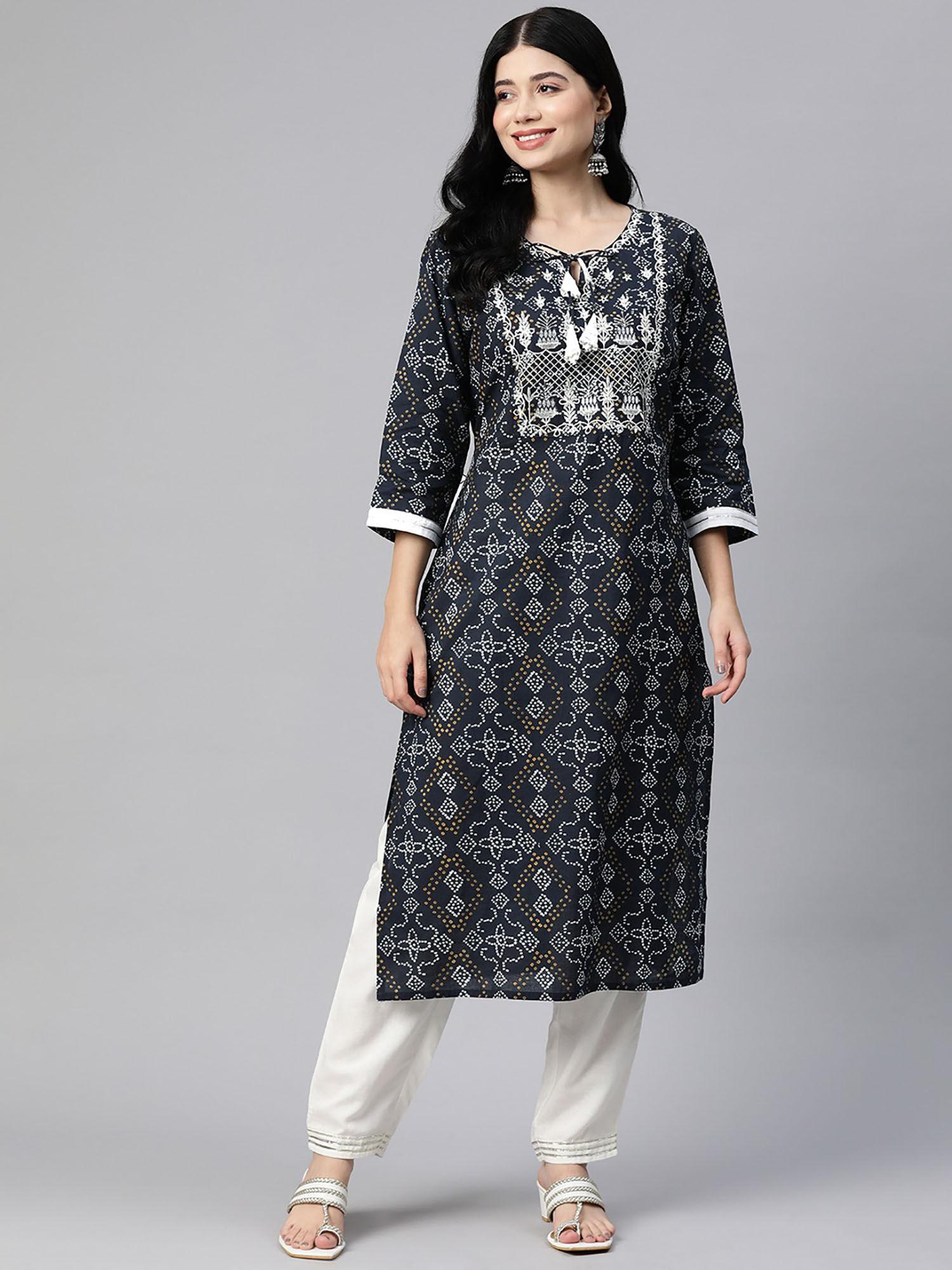 straight style cotton fabric navy blue color kurta