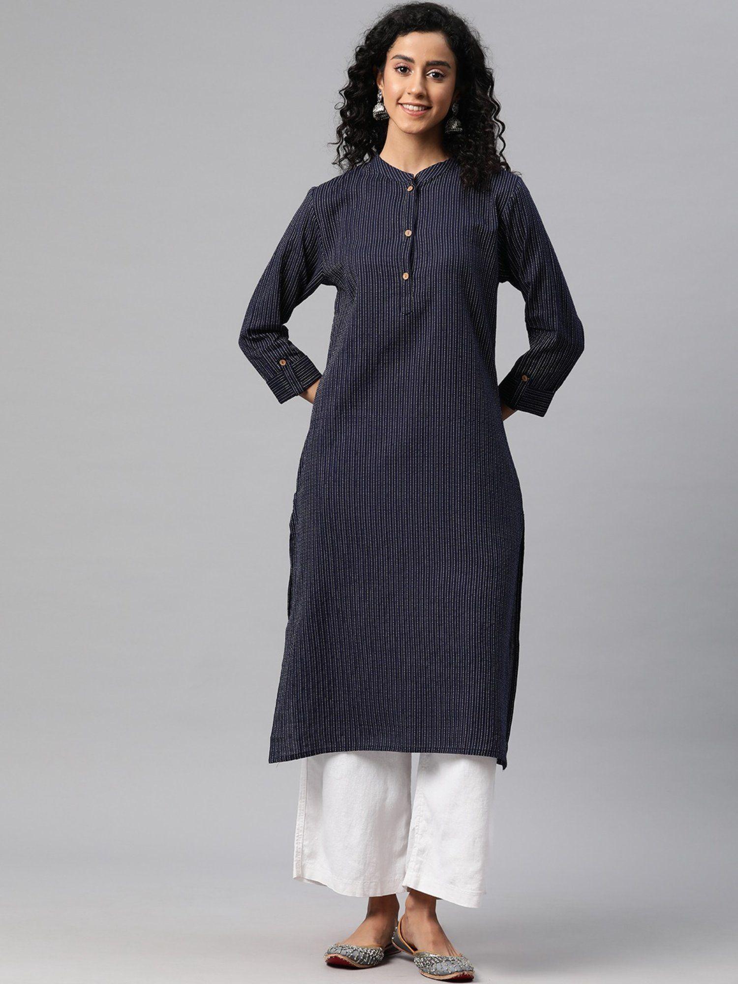 straight style cotton fabric navy blue color kurta