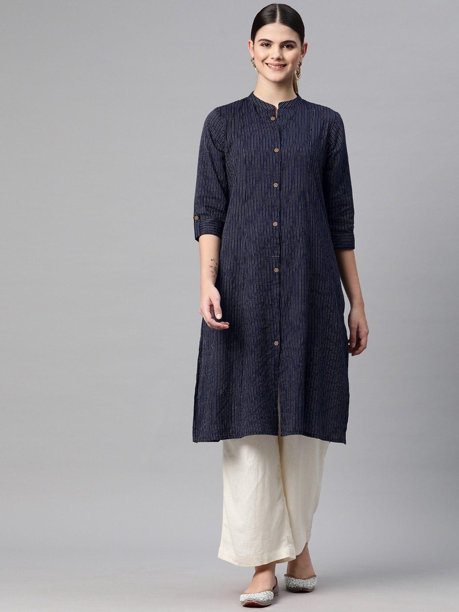 straight style cotton fabric navy blue color kurta