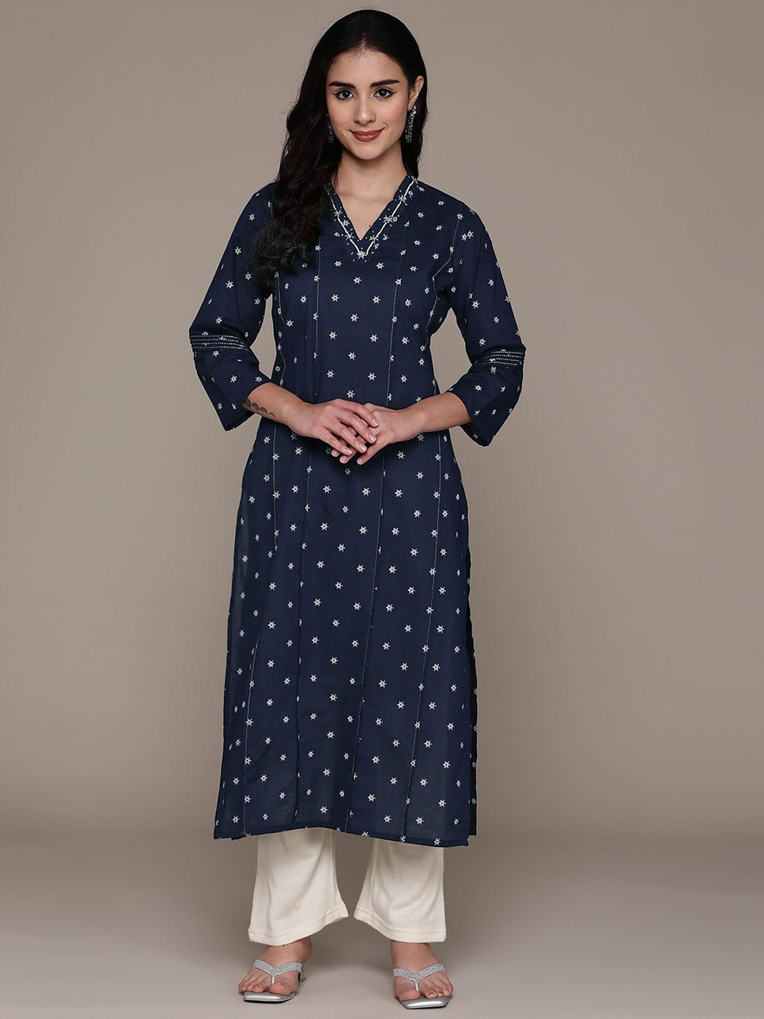 straight style cotton fabric navy blue kurta