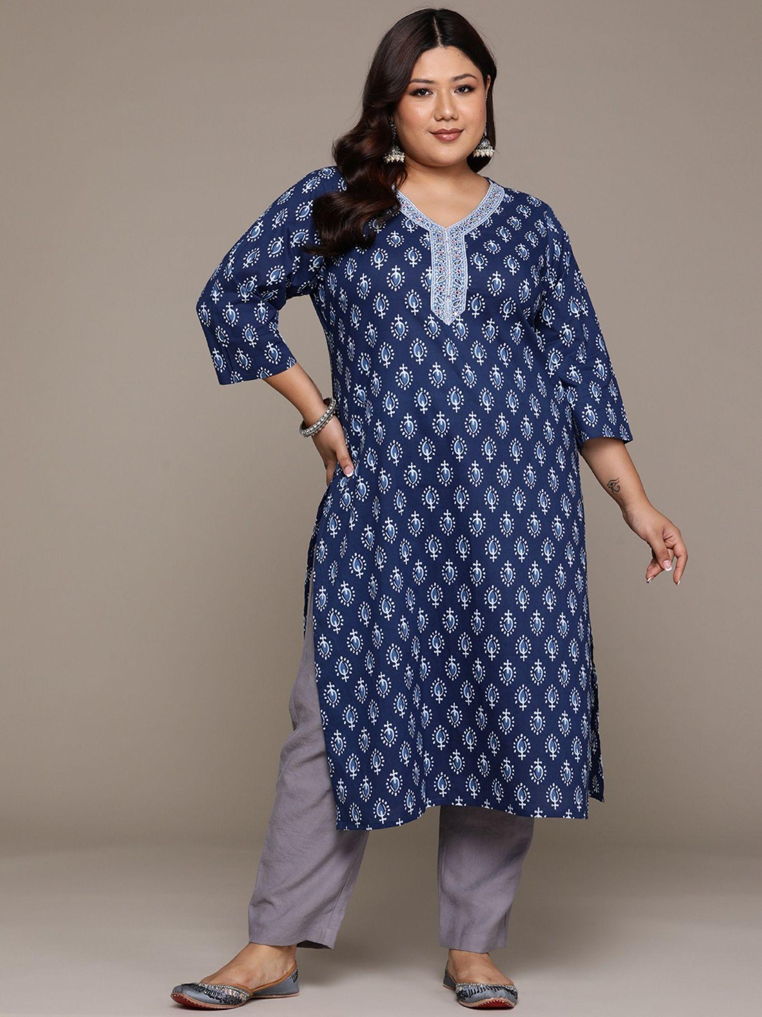 straight style cotton fabric navy blue kurta