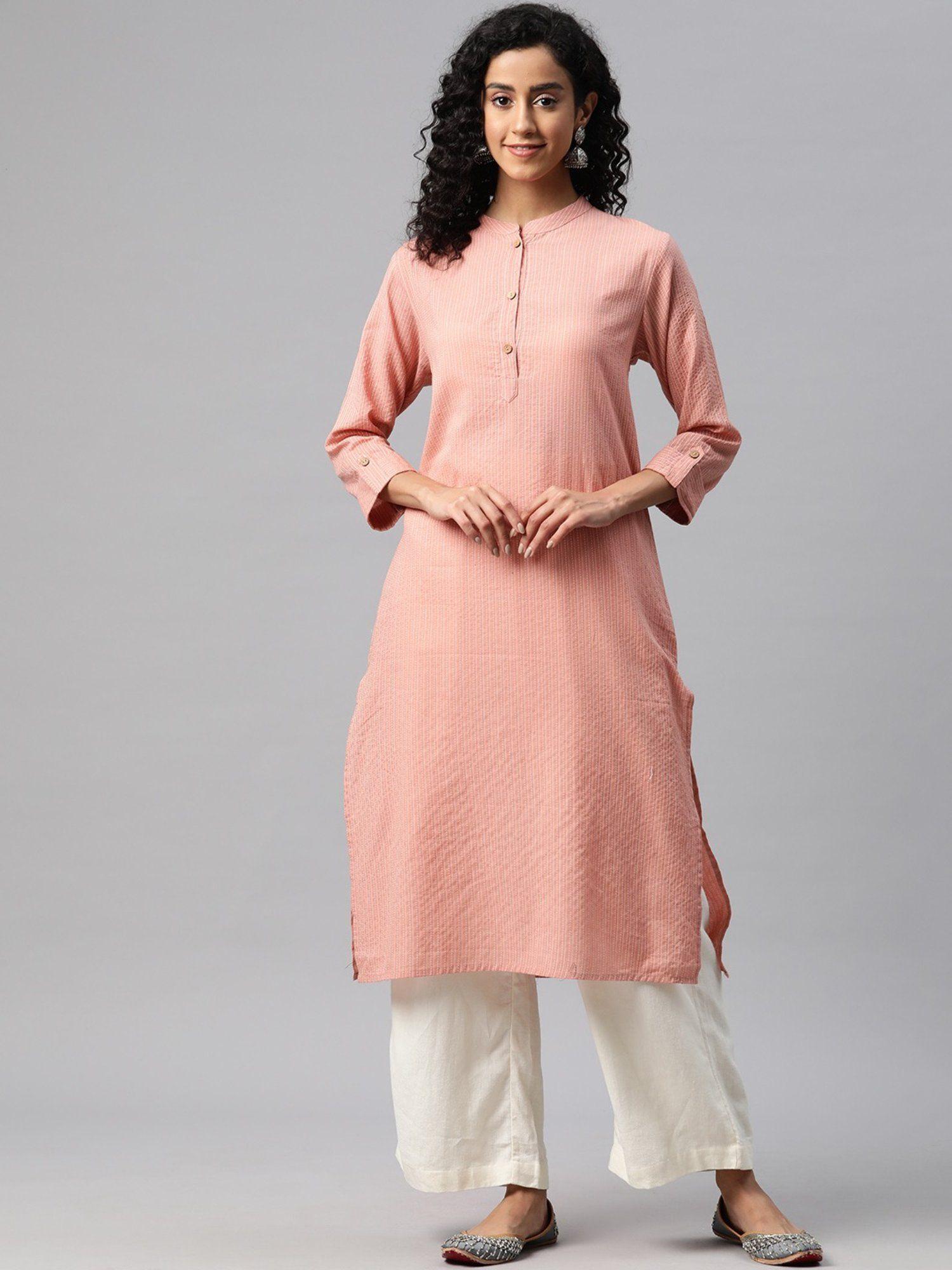 straight style cotton fabric peach color kurta