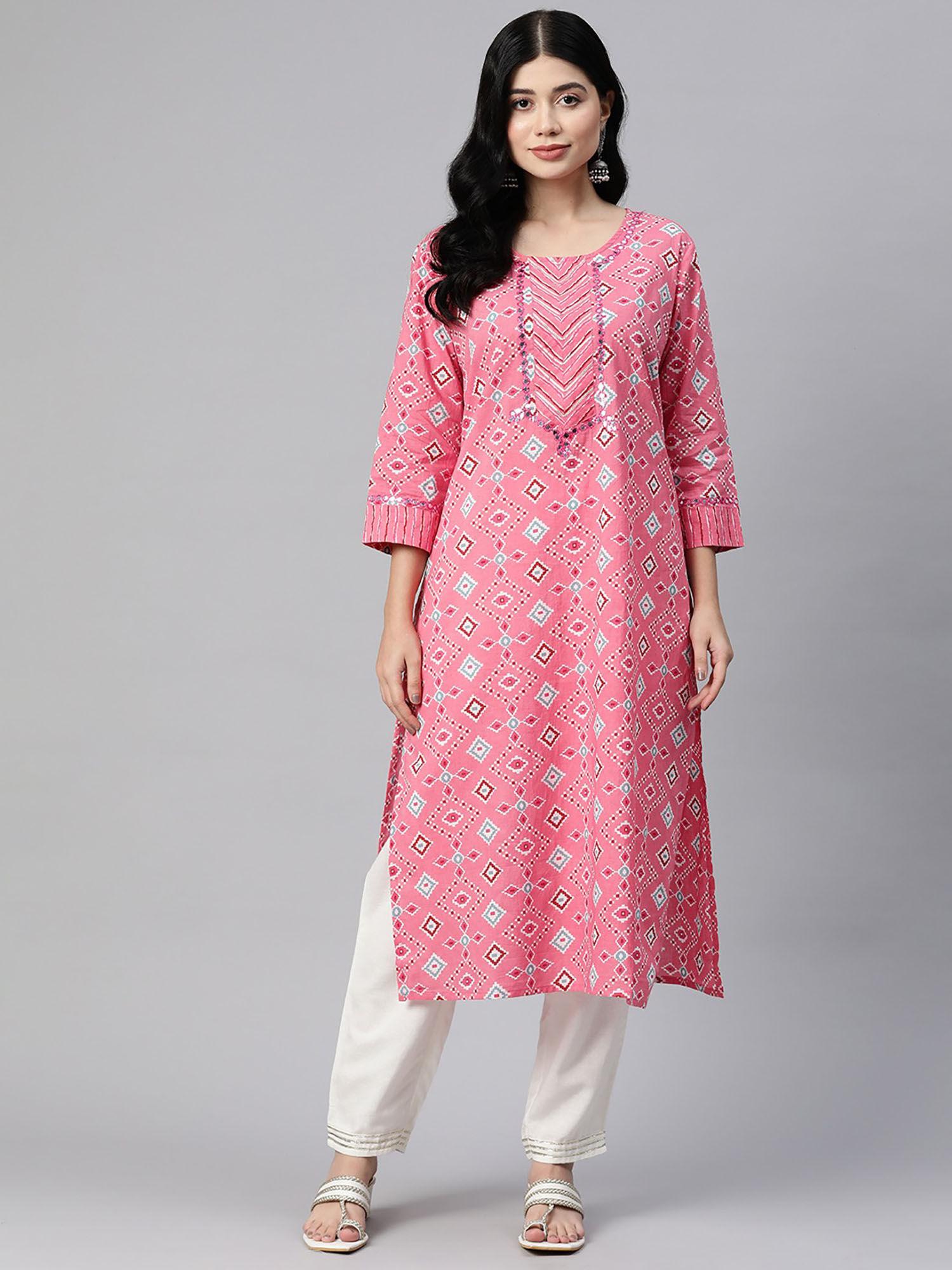 straight style cotton fabric pink color kurta