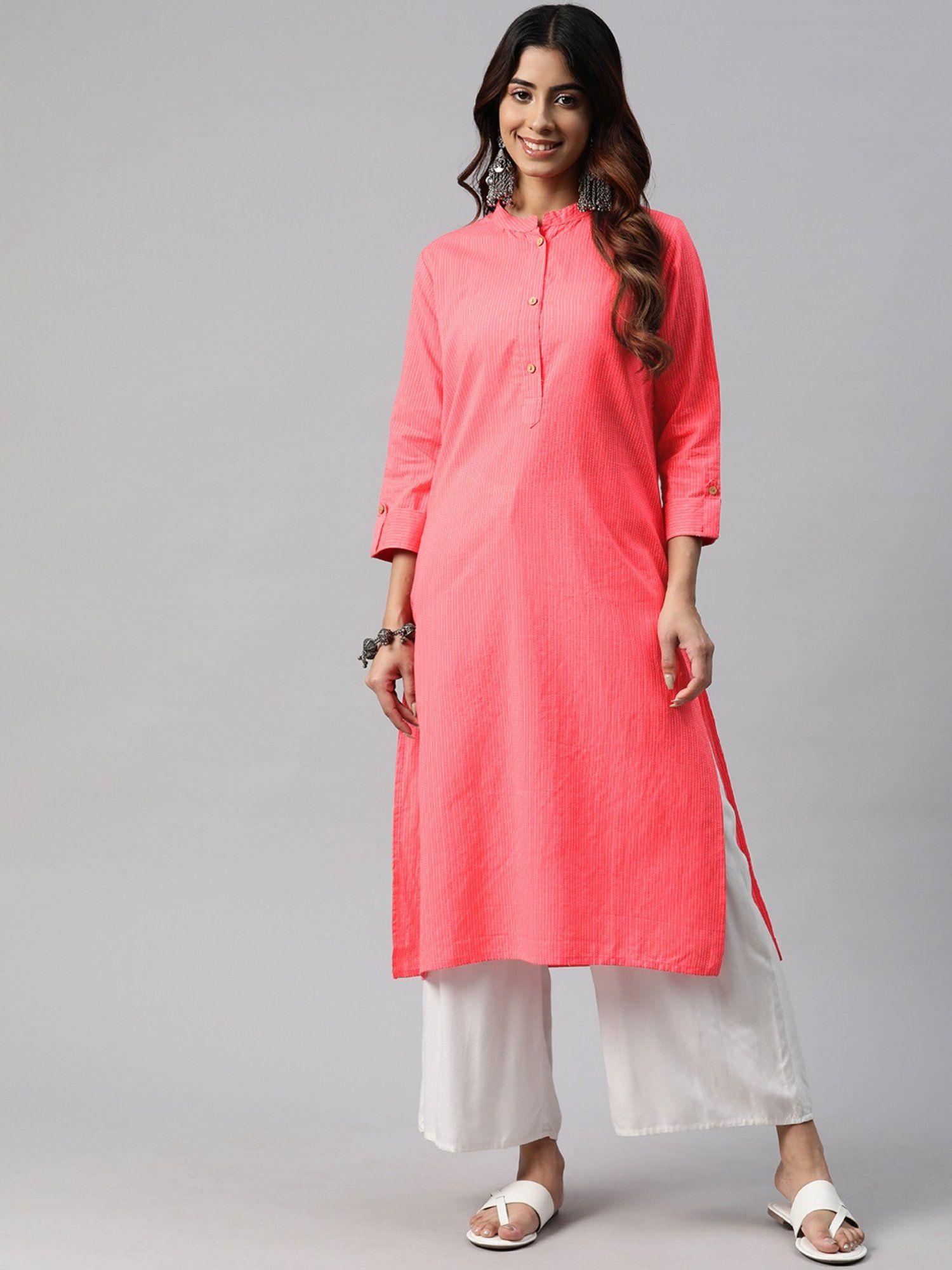 straight style cotton fabric pink color kurta