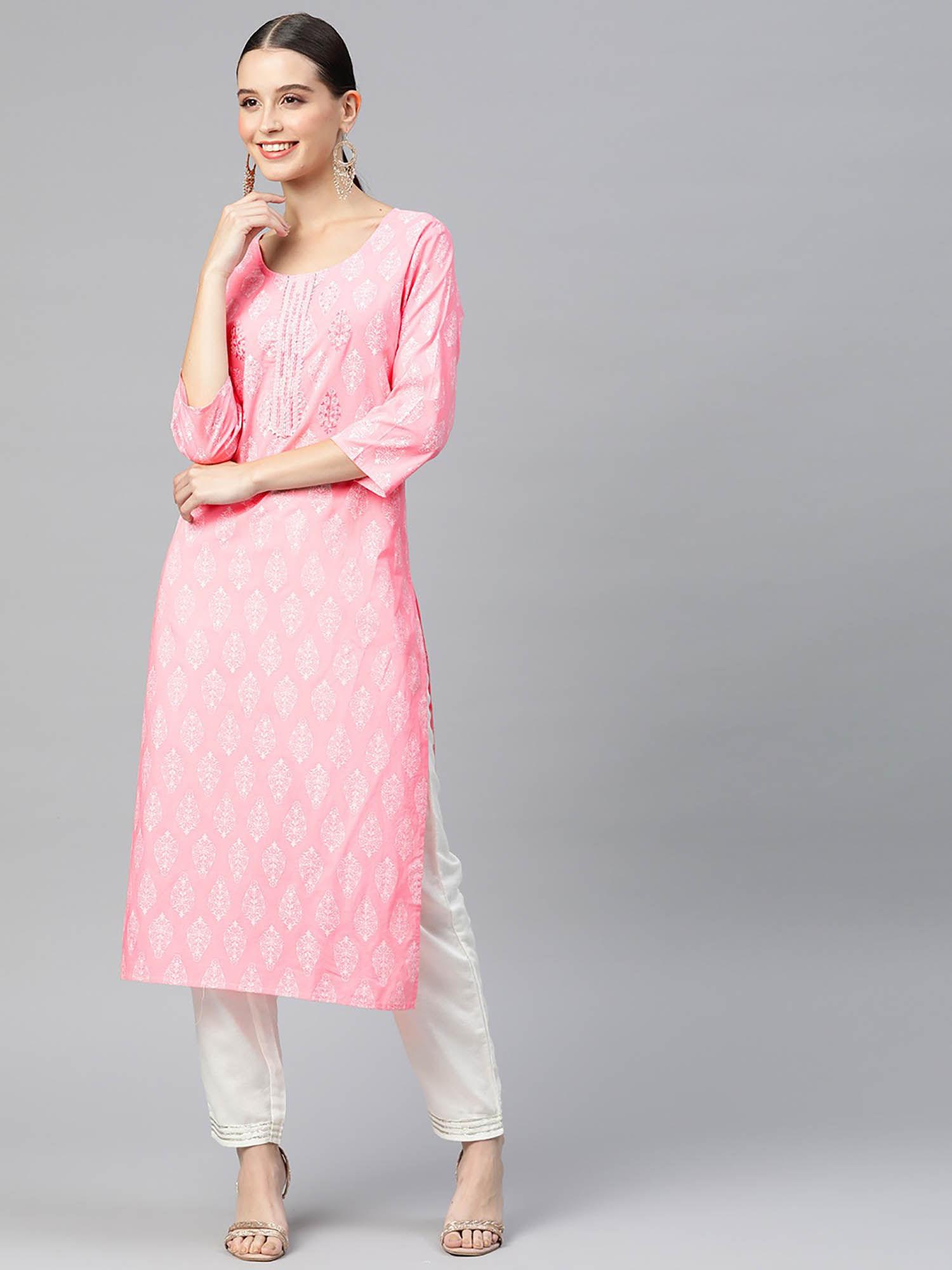 straight style cotton fabric pink color kurti