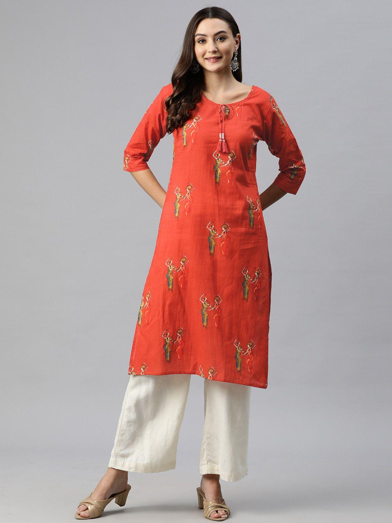 straight style cotton fabric red color kurta