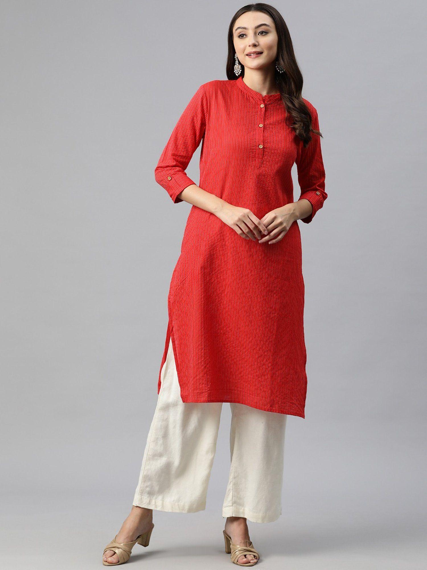 straight style cotton fabric red color kurta