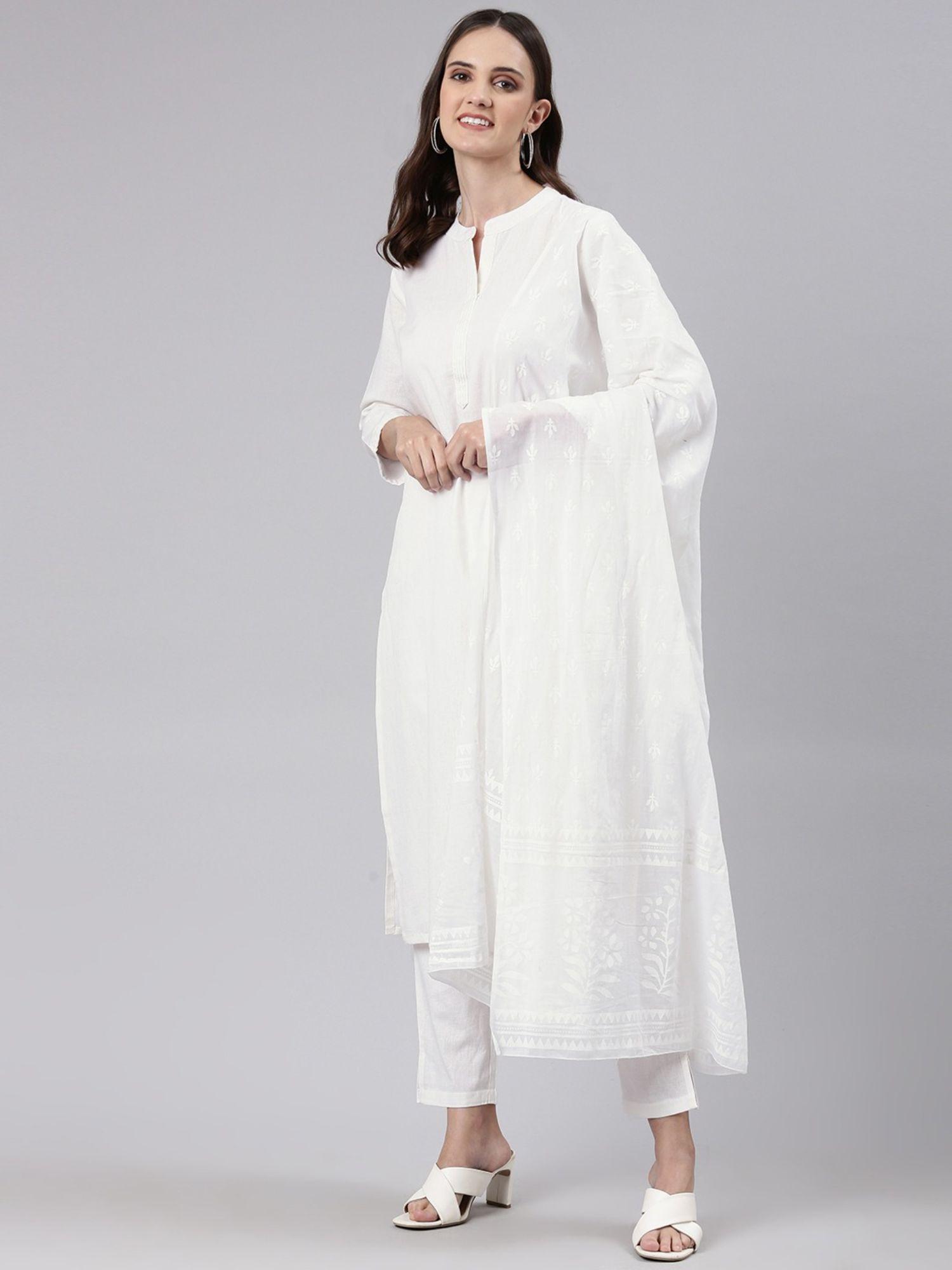 straight style cotton fabric white color kurta with bottom & dupatta
