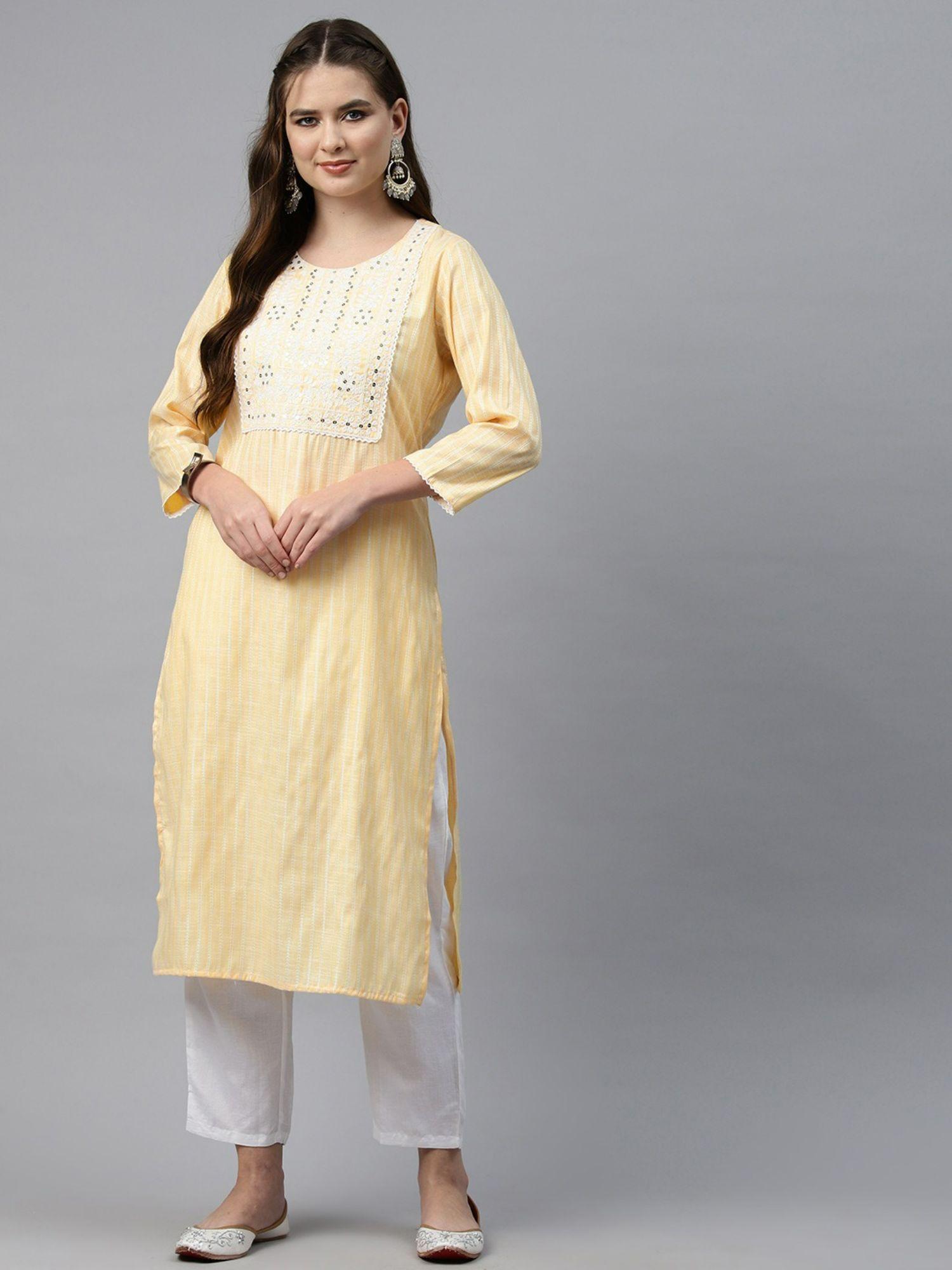 straight style cotton fabric yellow color kurta