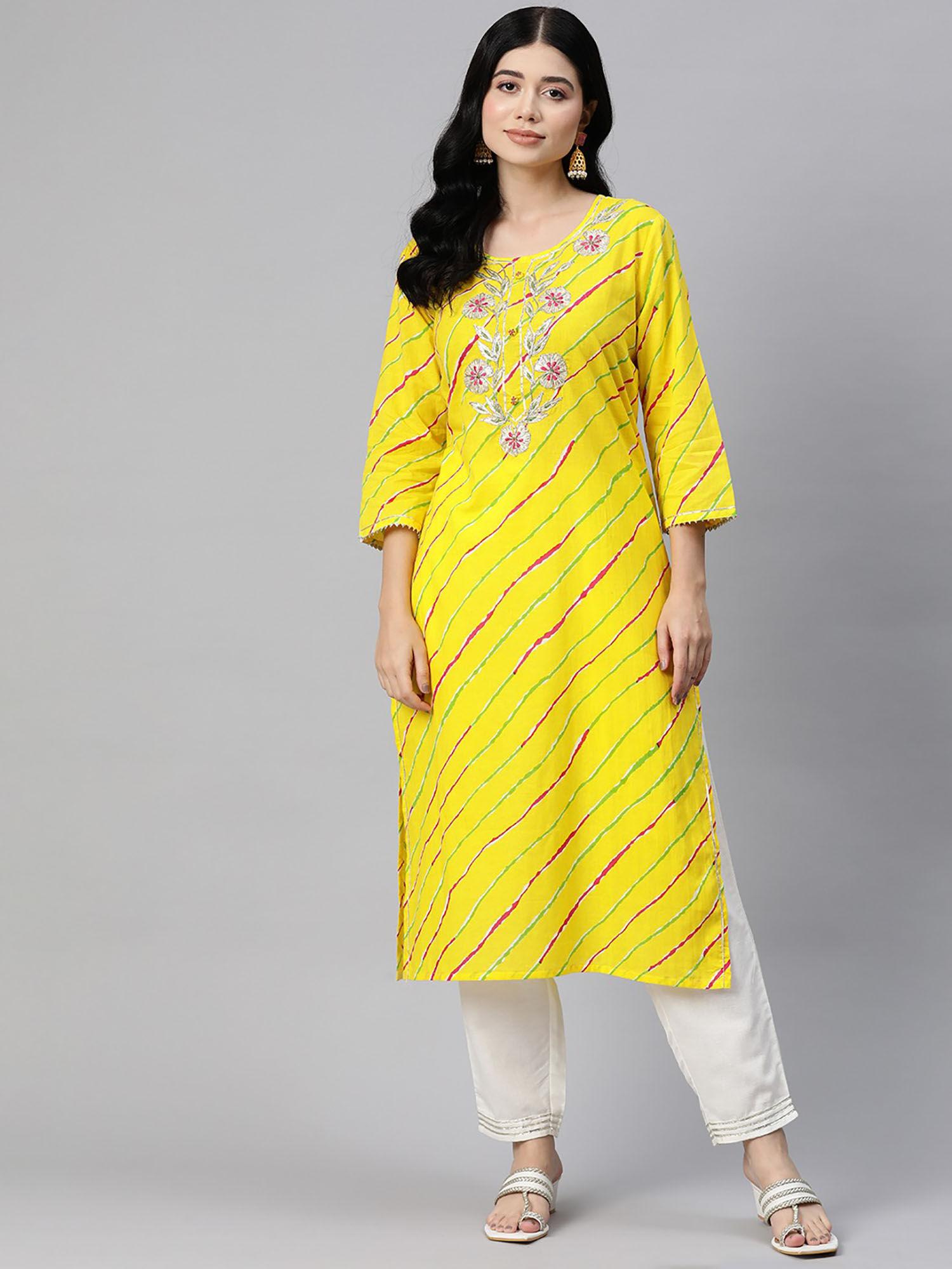 straight style cotton fabric yellow color kurta