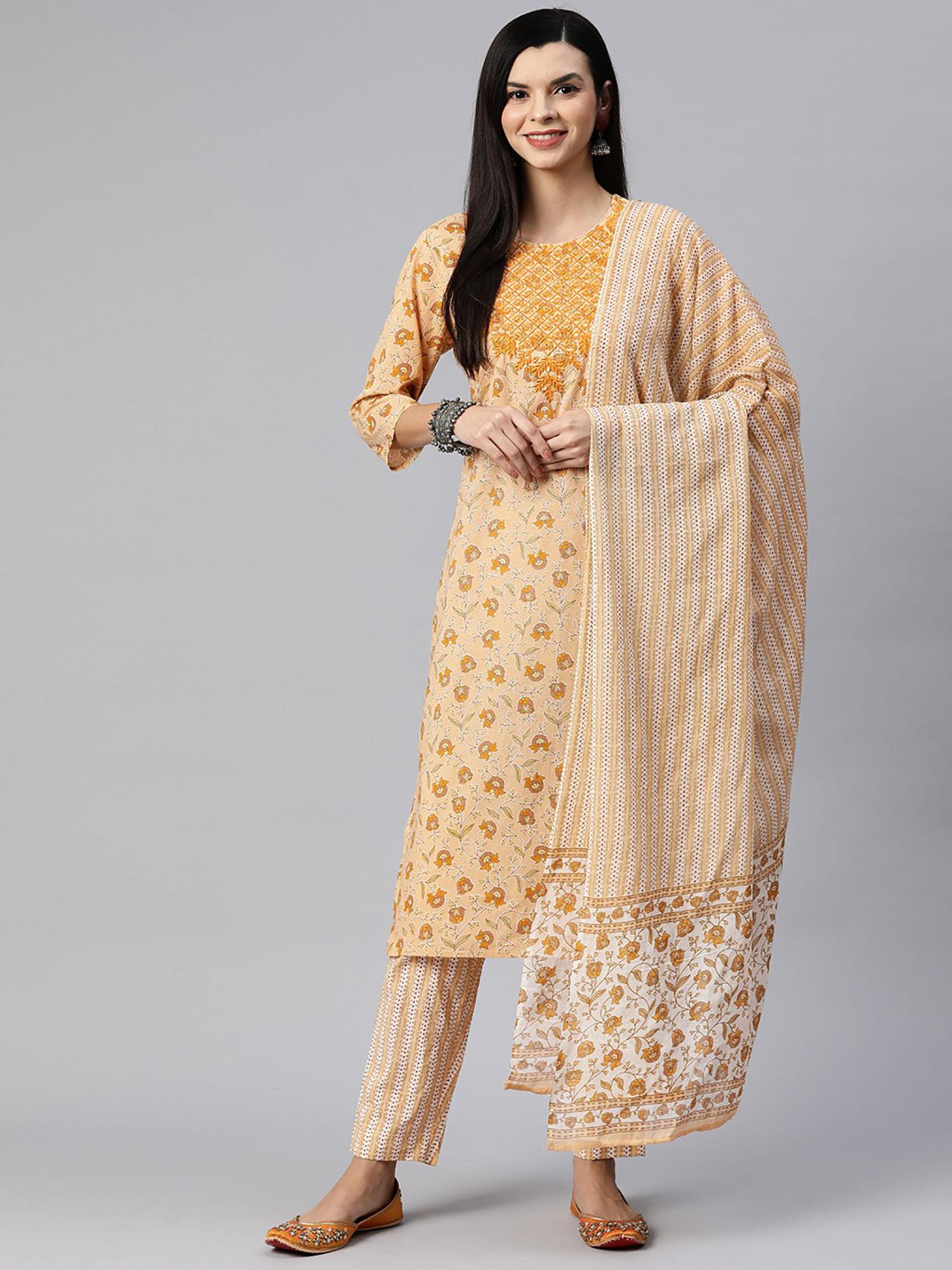 straight style cotton peach kurta with pant and dupatta (set of 3)