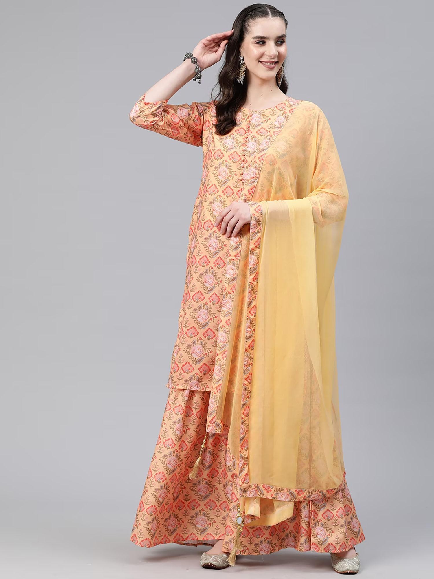 straight style crepe fabric yellow kurta with sharara and dupatta (set of 3)