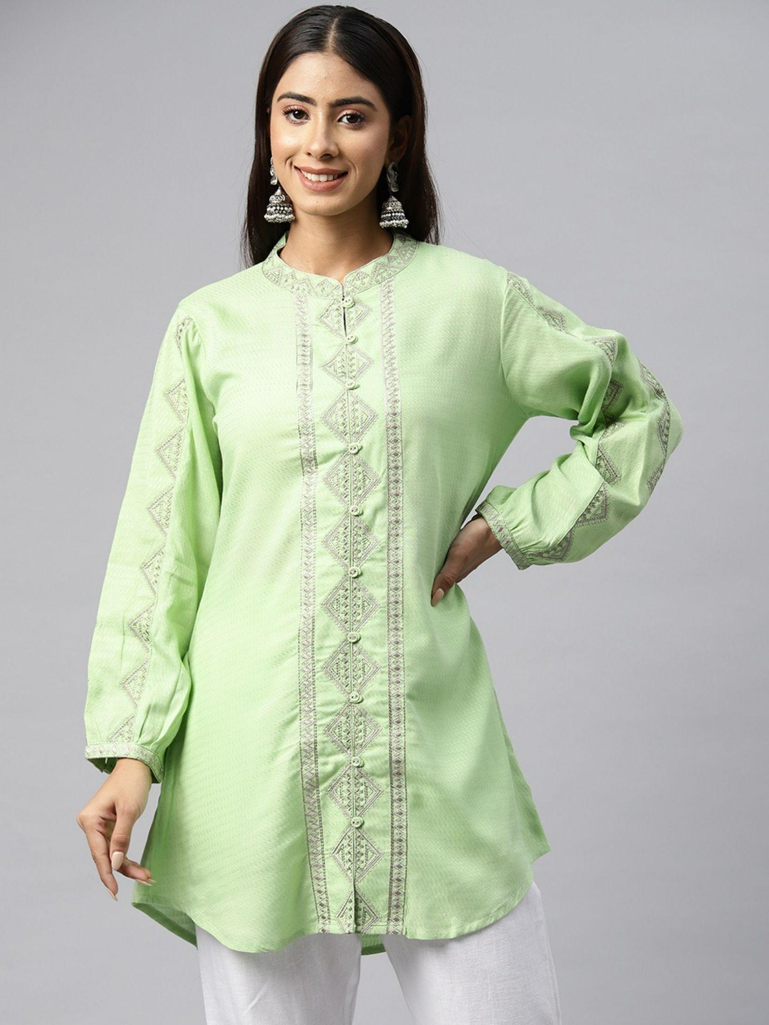 straight style rayon fabric green color kurti