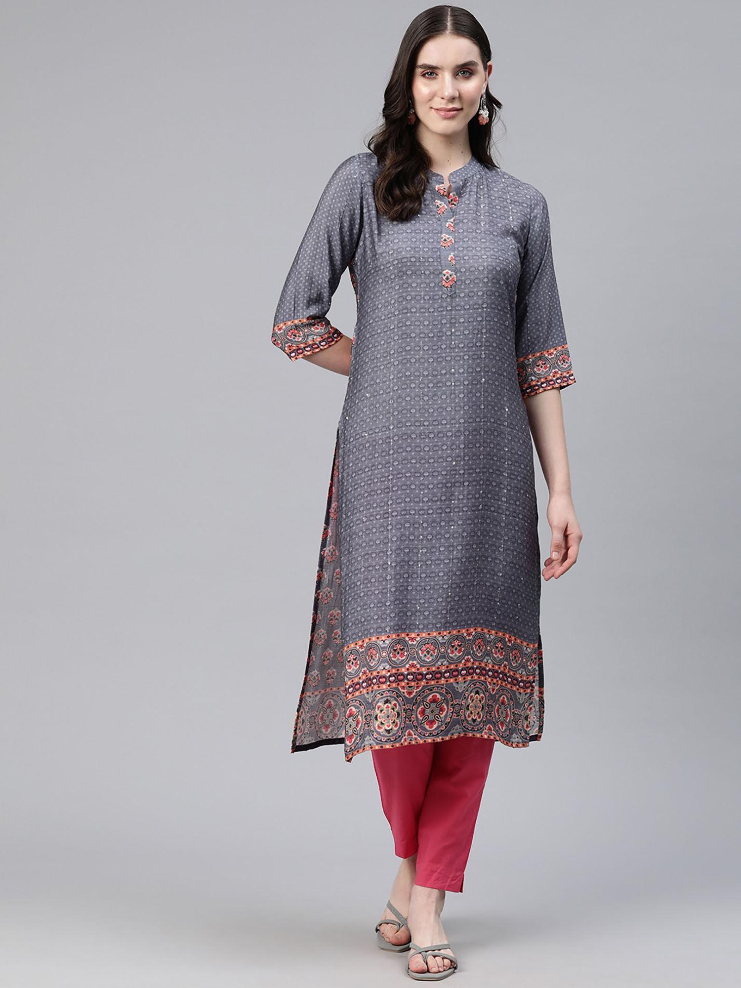 straight style rayon fabric grey color kurta