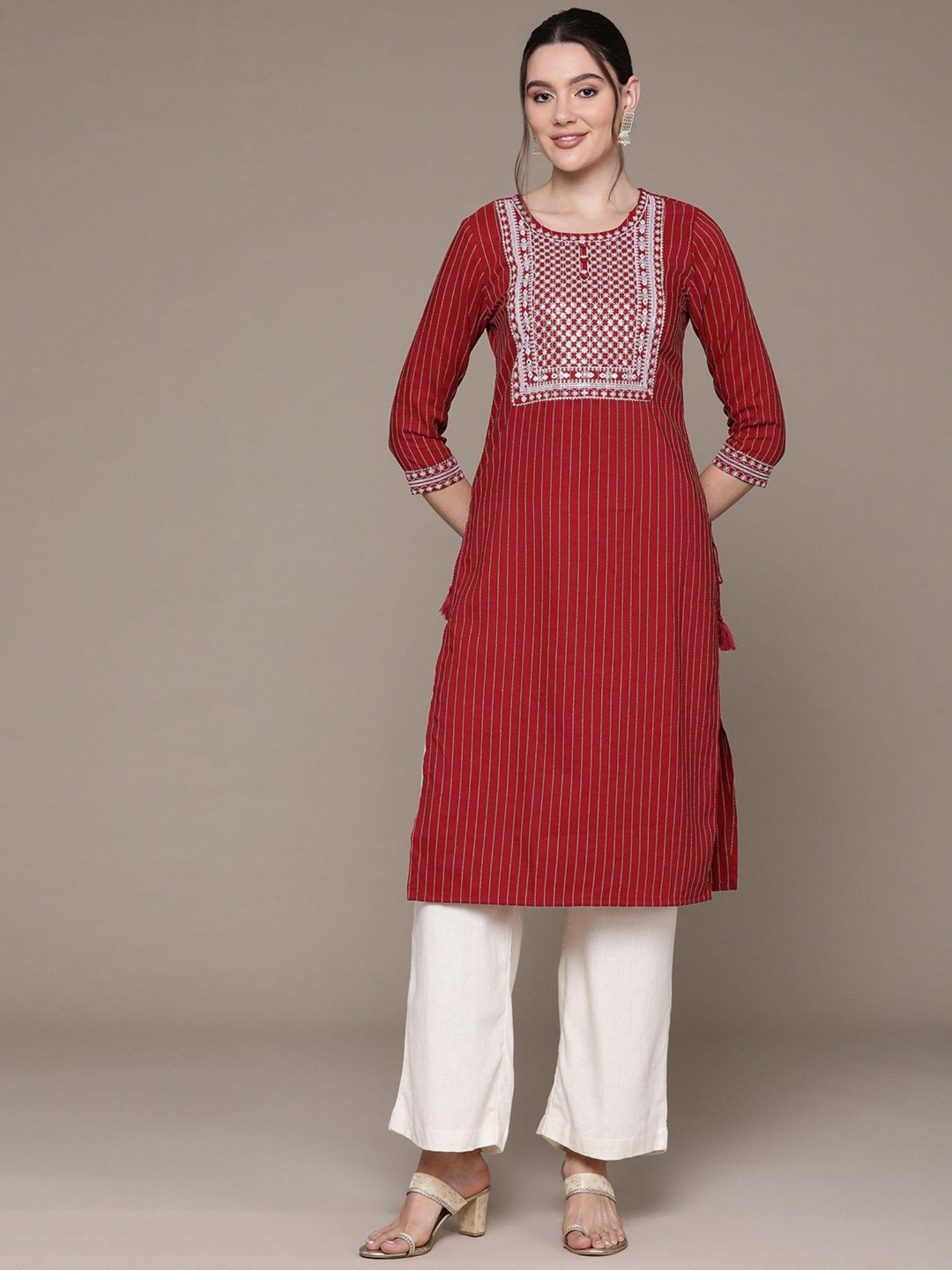 straight style rayon fabric maroon color kurta