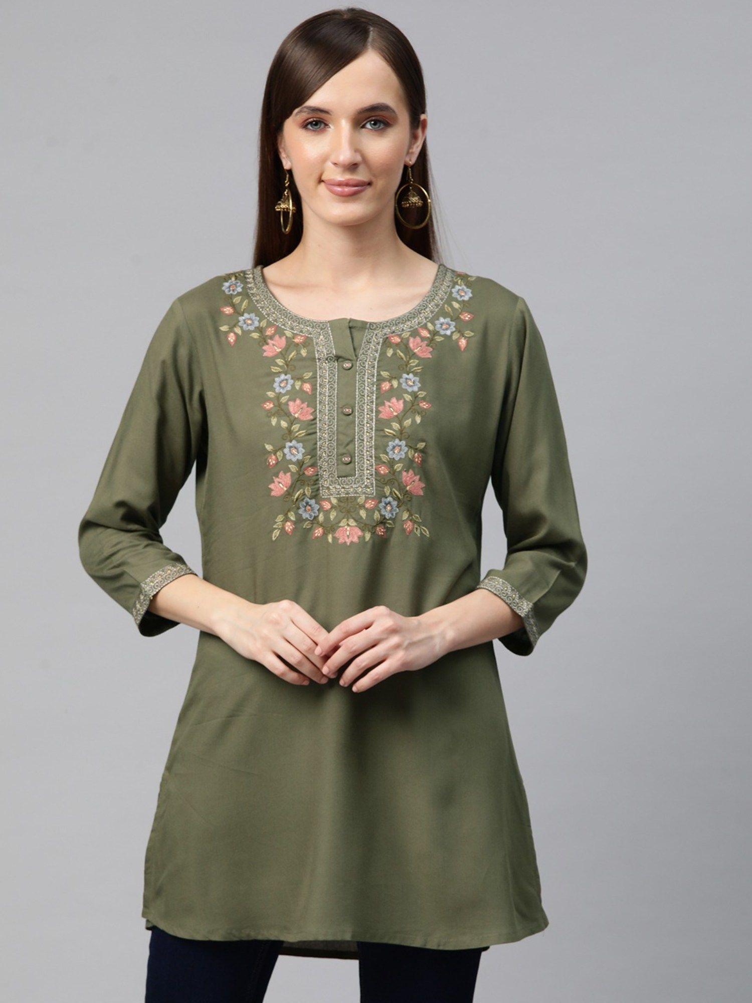 straight style rayon fabric olive green colour kurti