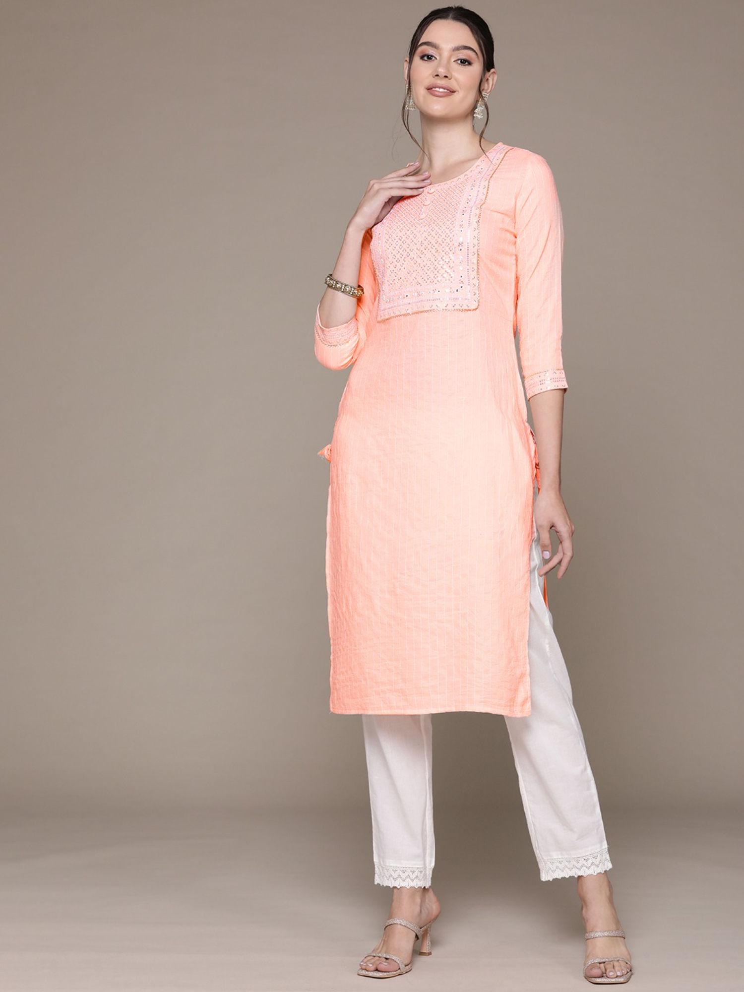 straight style rayon fabric peach color kurta