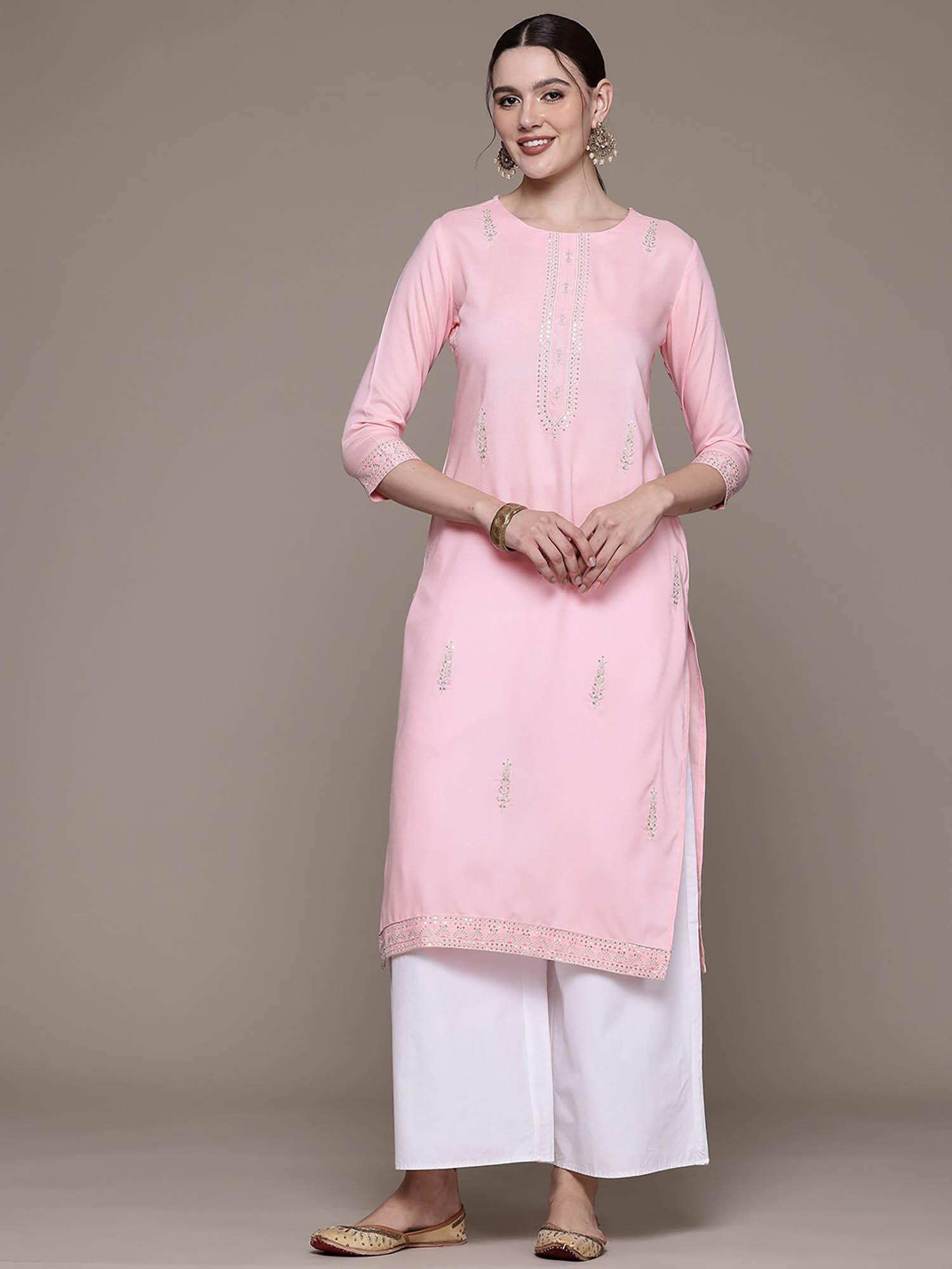 straight style rayon fabric pink color kurta