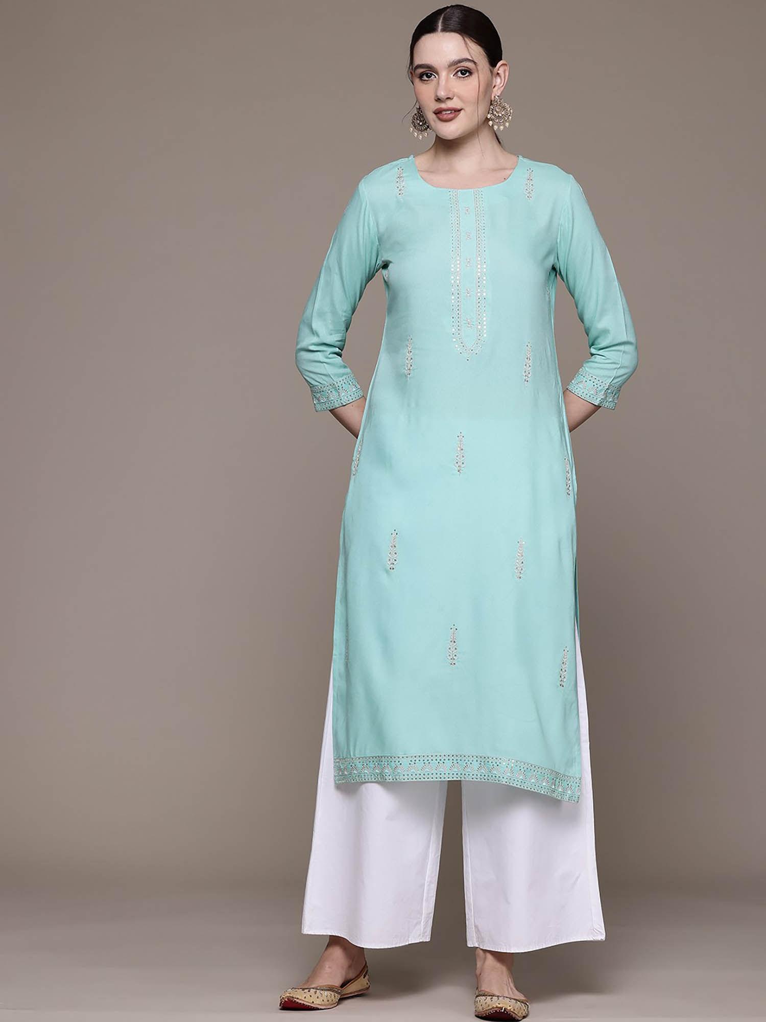 straight style rayon fabric turquoise color kurta