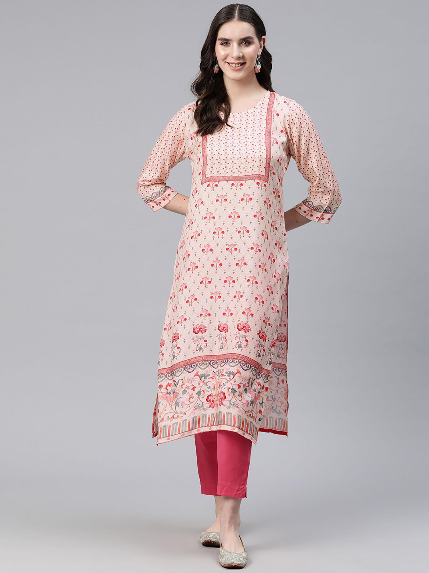 straight style rayon fabric white and pink color kurta