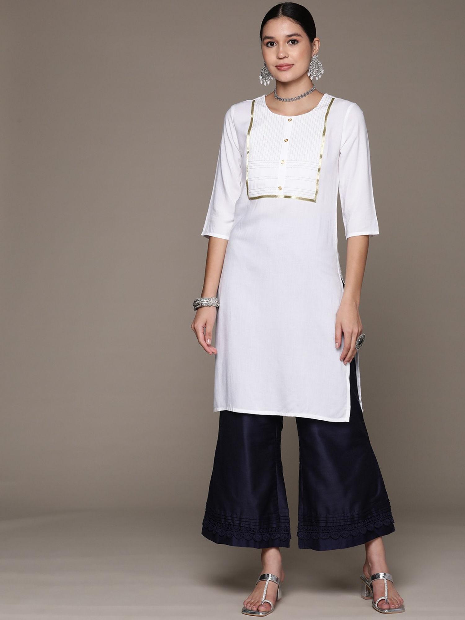 straight style rayon fabric white color kurta