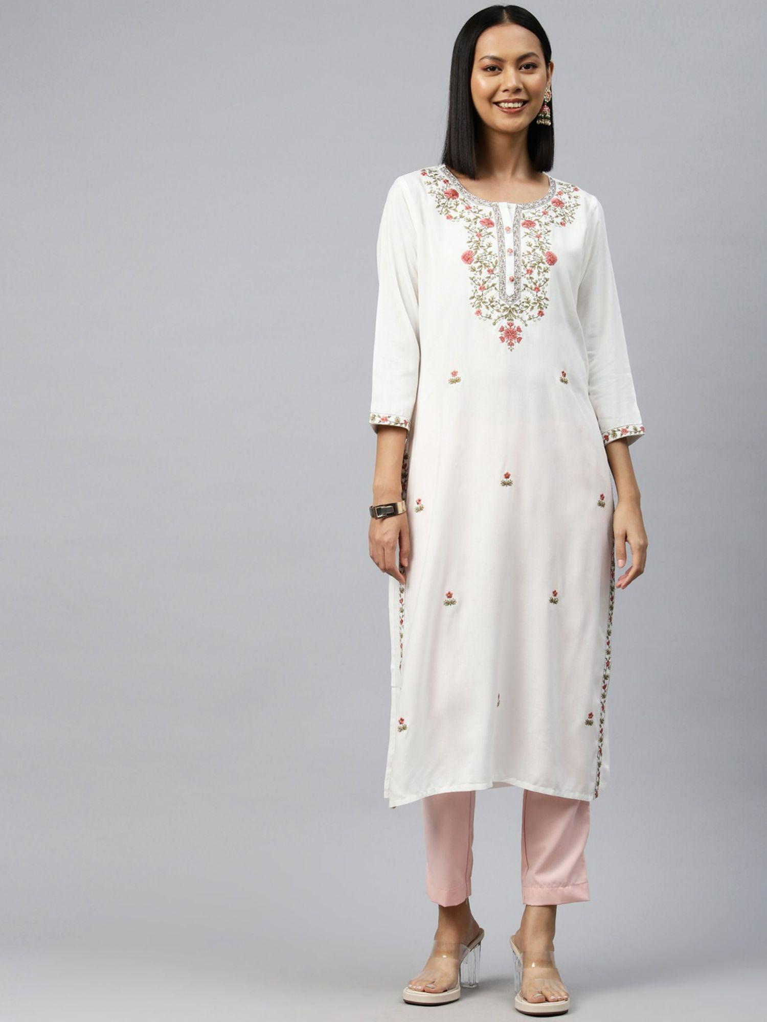 straight style rayon fabric white color kurta