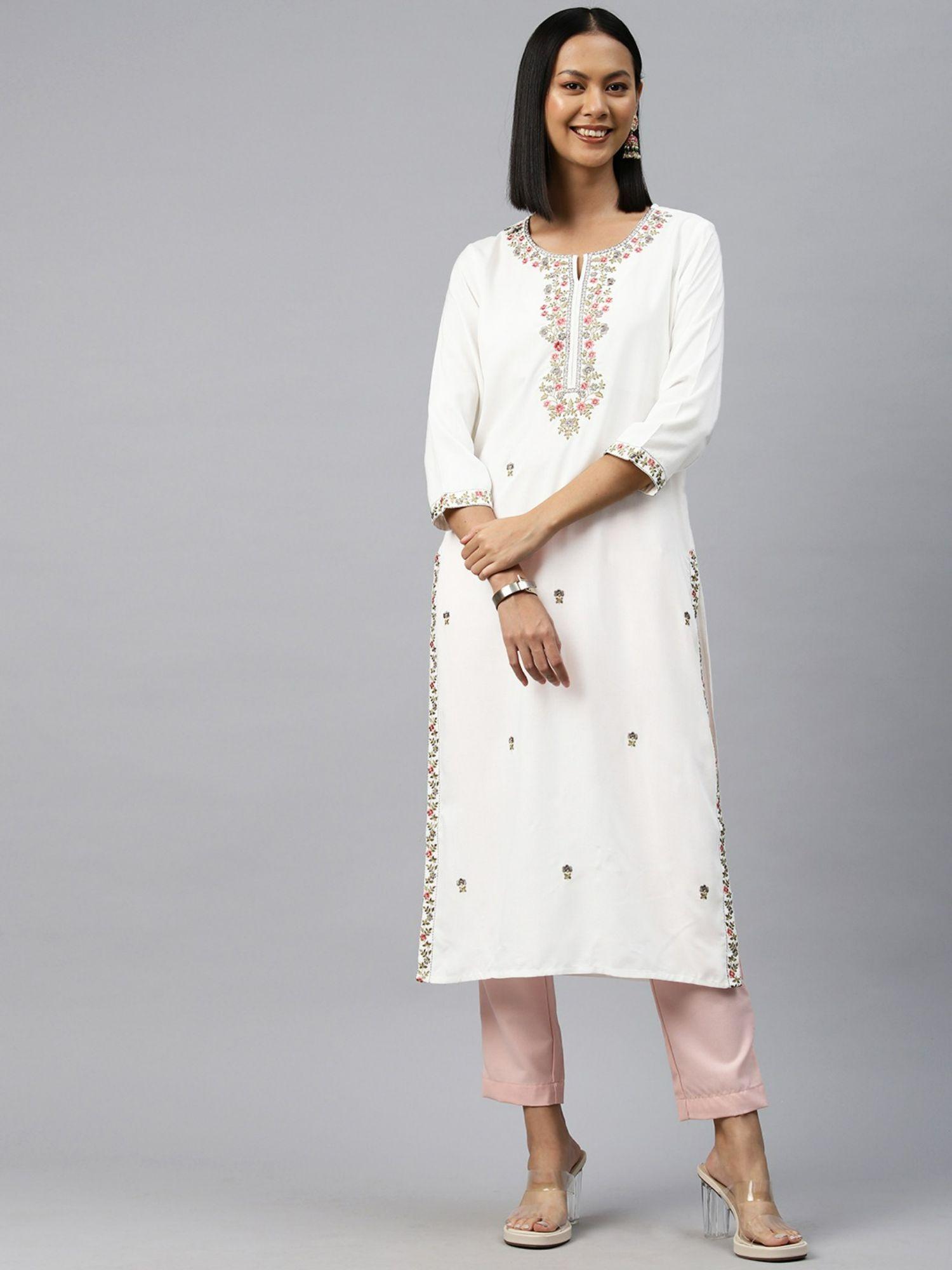 straight style rayon fabric white color kurta