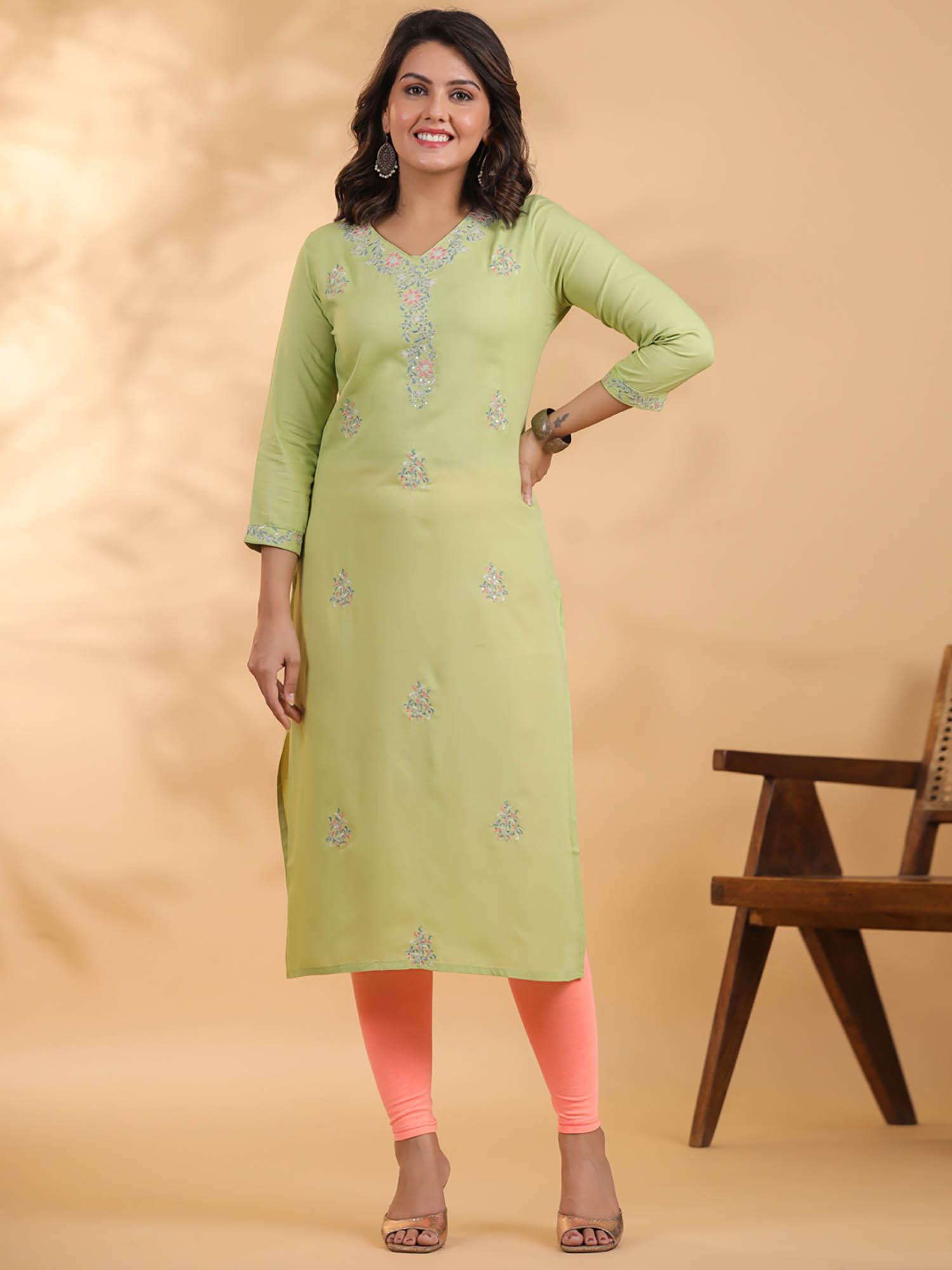 straight style rayon green kurta