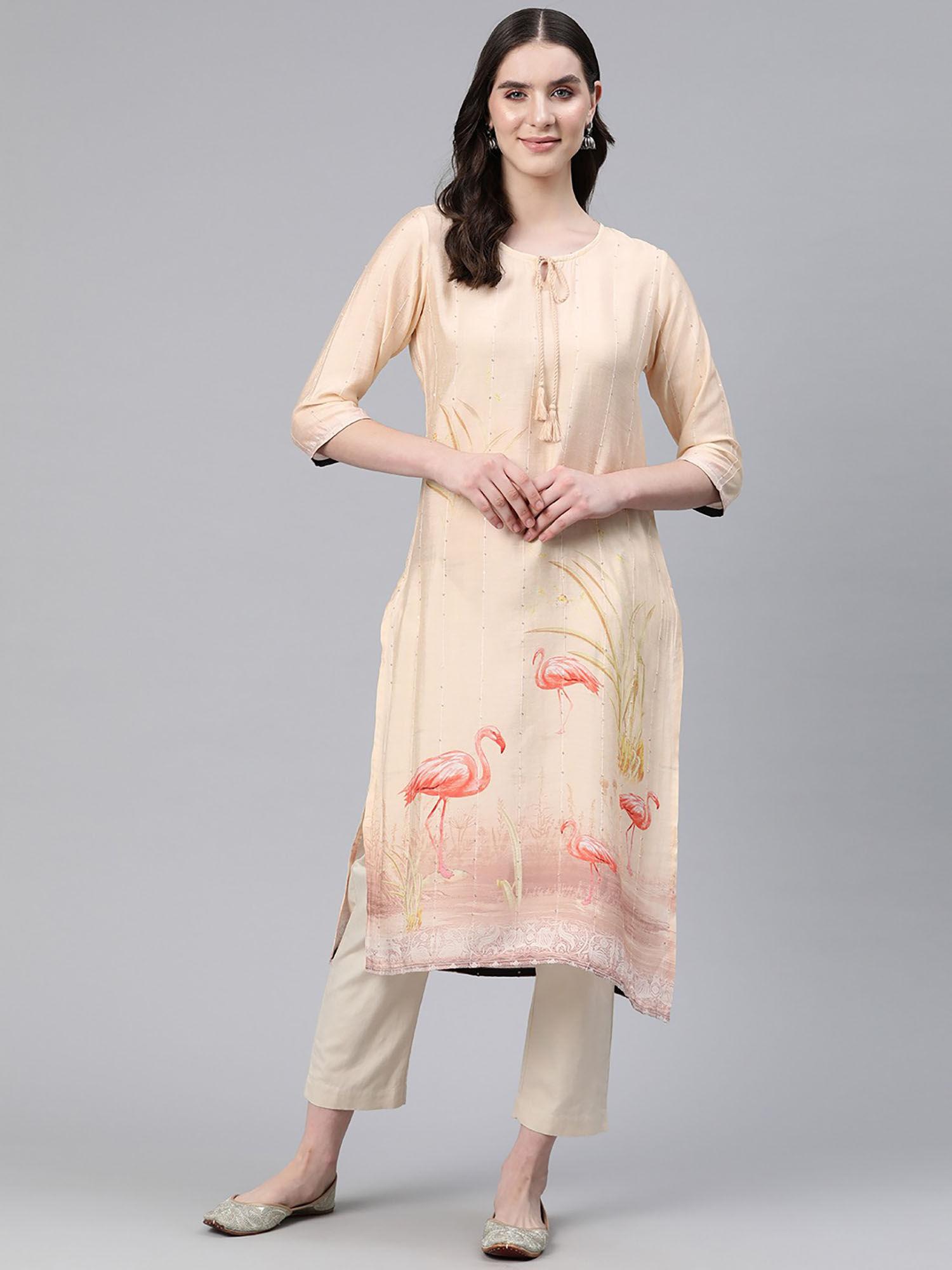 straight style rayon printed peach color kurta