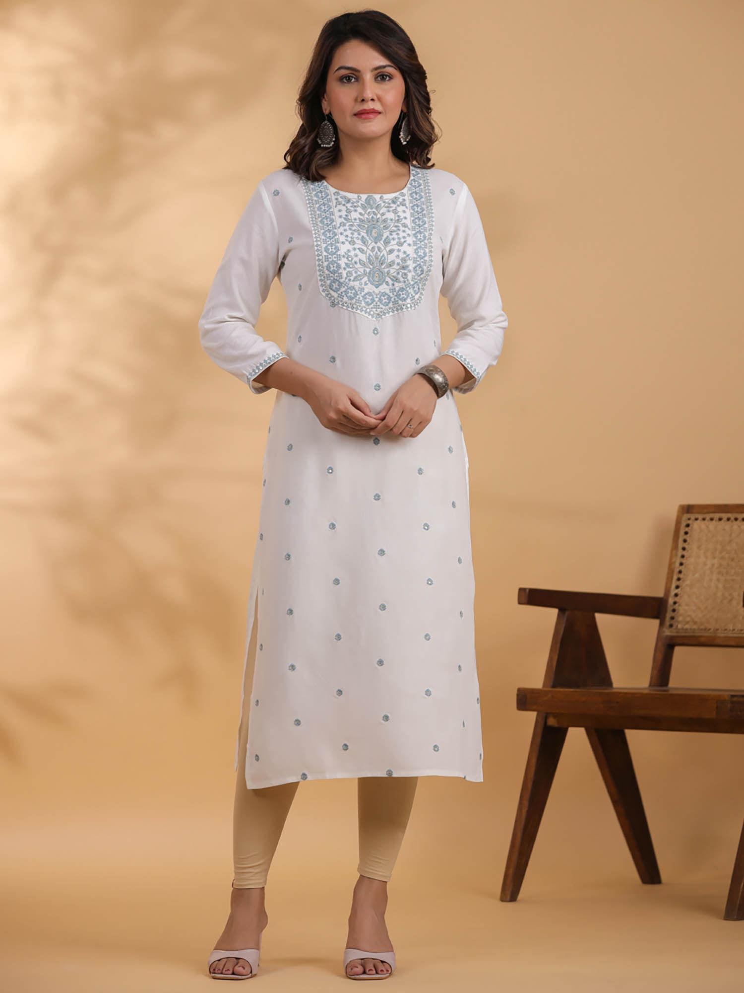 straight style rayon white and blue kurta