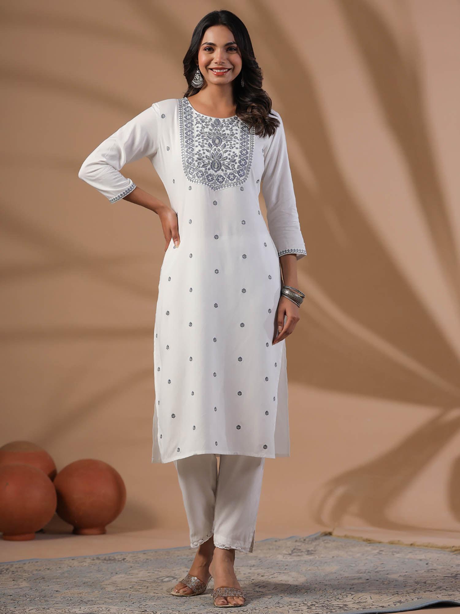 straight style rayon white and grey kurta