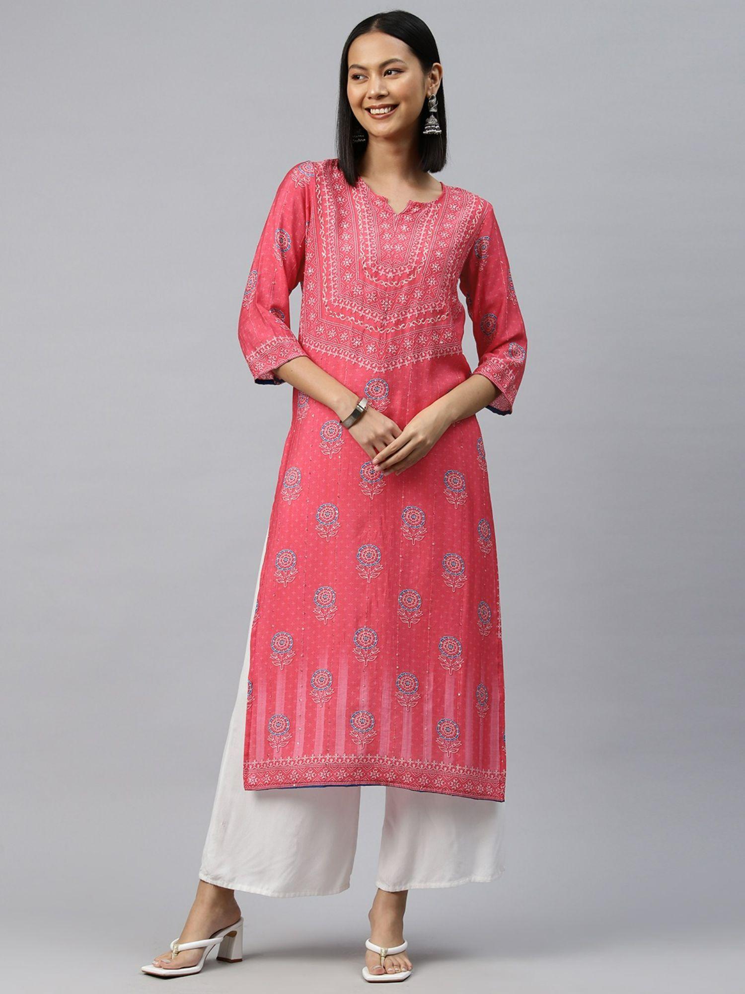 straight style silk fabric pink color kurta