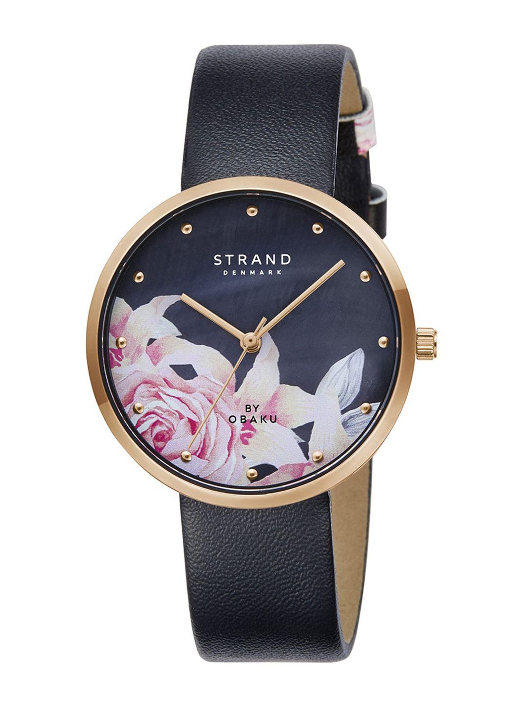 strand by obaku women black brass printed dial & black leather straps analogue watch s700lxvbrb-dk
