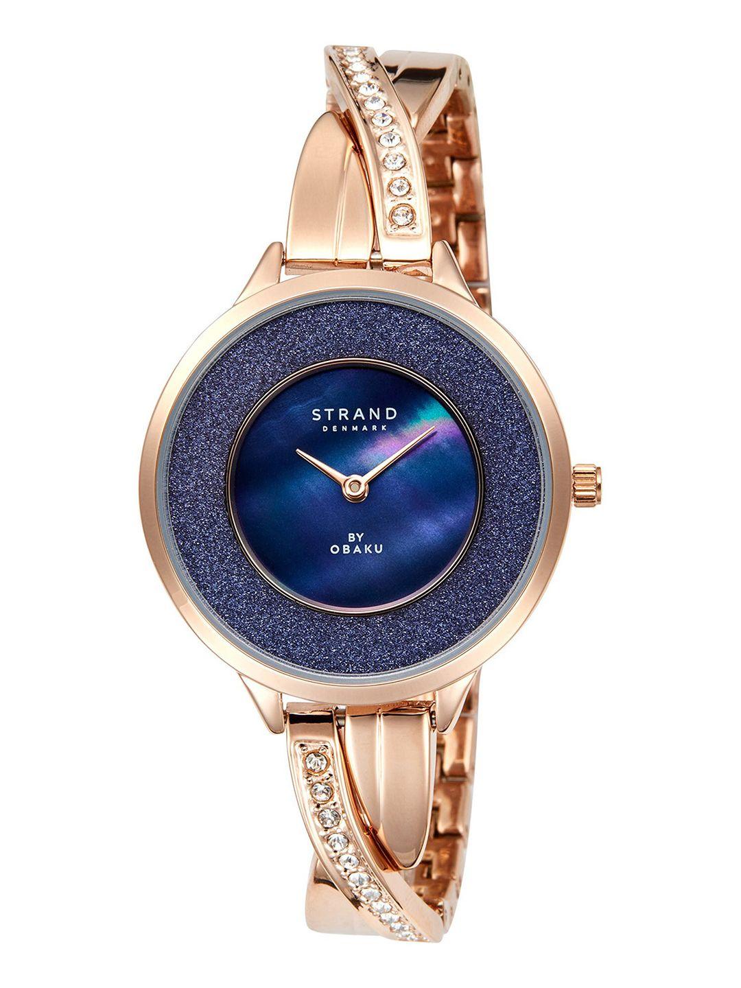 strand by obaku women blue brass dial & rose gold toned stainless steel bracelet style straps analogue watch