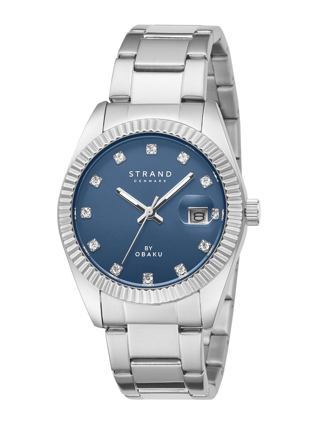 strand by obaku women blue brass dial & silver toned straps analogue watch s721ldclsc